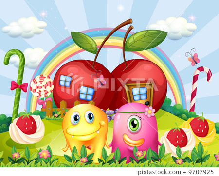 A hilltop with apple houses at the back of the couple monsters A hilltop with apple houses at the back of the couple monsters 9707925