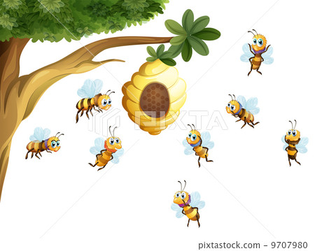 A tree with a beehive surrounded by bees A tree with a beehive surrounded by bees 9707980