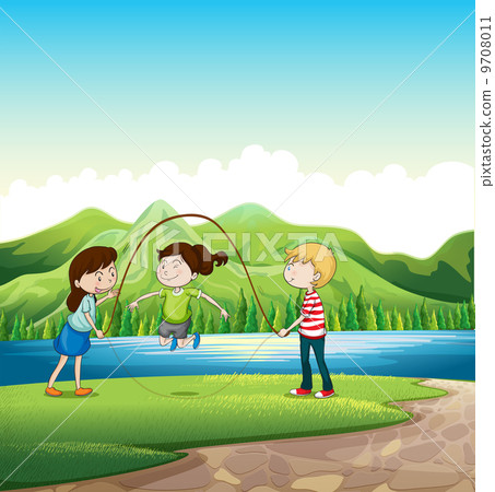 Three kids playing near the river 9708011