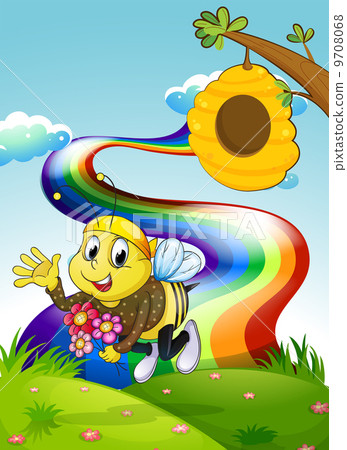 A rainbow at the hilltop with a bee and a beehive 9708068