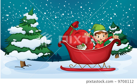 An elf riding on a sleigh with a sack of gifts An elf riding on a sleigh with a sack of gifts 9708112
