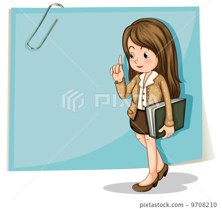 A lady with a binder walking in front of the big empty paper 9708210