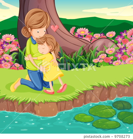 A mother hugging her daughter at the riverbank A mother hugging her daughter at the riverbank 9708273