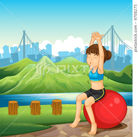 A girl exercising near the river across the mountains A girl exercising near the river across the mountains 9708275