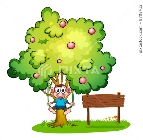 A monkey swinging beside the empty wooden board 9708412