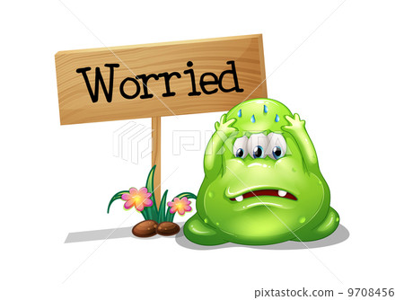 A worried monster beside the wooden signboard 9708456