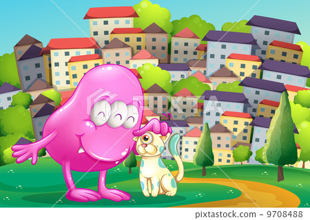 A pink monster patting a pet at the hilltop across the buildings A pink monster patting a pet at the hilltop across the buildings 9708488