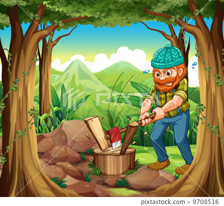 A woodman chopping the woods in the forest near the rocks 9708516