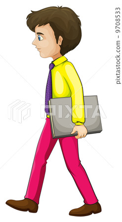 A businessman walking seriously while holding a binder A businessman walking seriously while holding a binder 9708533