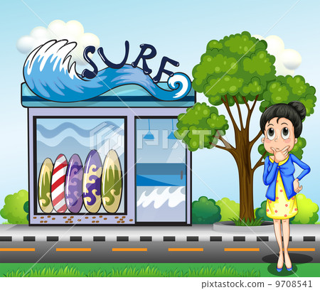 A woman thinking in front of the surfing shop 9708541