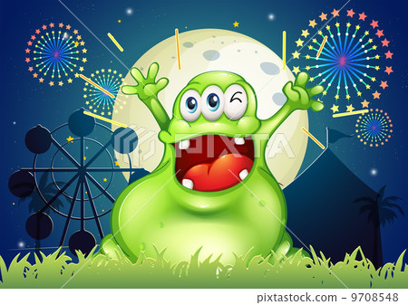 A happy fat green monster at the amusement park 9708548