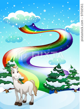A horse in a snowy area and a rainbow in the sky A horse in a snowy area and a rainbow in the sky 9708561