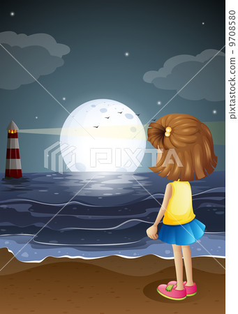 A girl watching the lighthouse in the beach 9708580