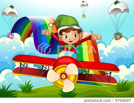 A plane with an elf and a rainbow in the sky with parachutes 9708697