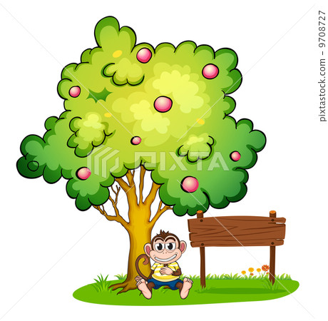 A monkey under the tree beside an empty wooden signboard A monkey under the tree beside an empty wooden signboard 9708727
