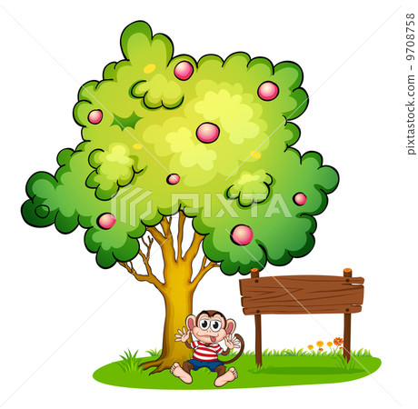 A monkey in the middle of the tree and the wooden board 9708758