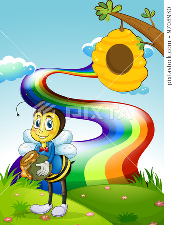 A hilltop with a rainbow and a bee near the beehive 9708930