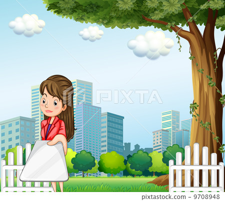 A woman using her gadget in front of the buildings A woman using her gadget in front of the buildings 9708948