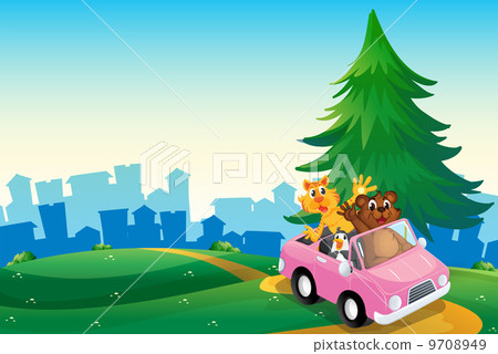 A pink car with animals running at the hilltop A pink car with animals running at the hilltop 9708949