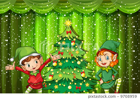 Two elves near the christmas tree 9708959