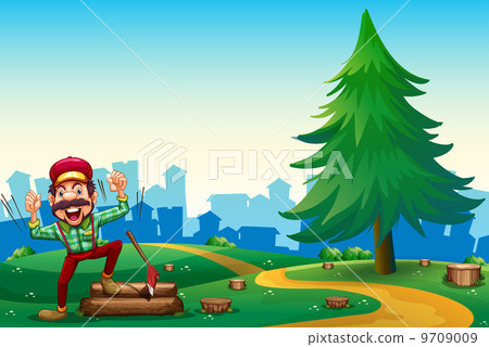 A woodman chopping woods at the hilltop near the pine tree 9709009