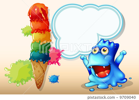 A happy blue monster beside the huge icecream A happy blue monster beside the huge icecream 9709040