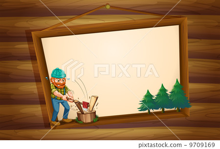 A hanging wooden signboard with a lumberjack chopping the woods A hanging wooden signboard with a lumberjack chopping the woods 9709169