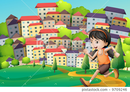 A hilltop with a girl running across the buildings A hilltop with a girl running across the buildings 9709246