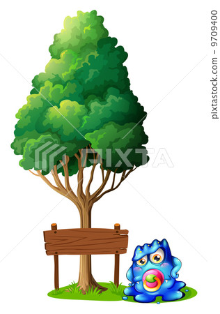 A baby monster with a pacifier standing near the wooden signboar A baby monster with a pacifier standing near the wooden signboar 9709400