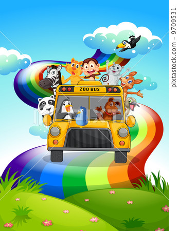 A zoo bus travelling through the rainbow road 9709531