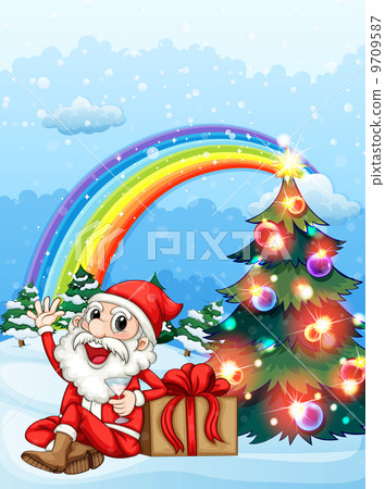 Santa sitting beside the gift near the rainbow Santa sitting beside the gift near the rainbow 9709587