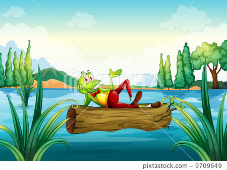 A playful frog lying above the trunk that is floating A playful frog lying above the trunk that is floating 9709649