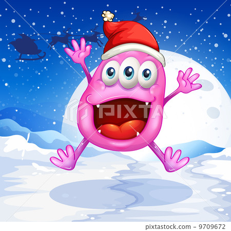 A happy pink monster jumping with a red hat 9709672