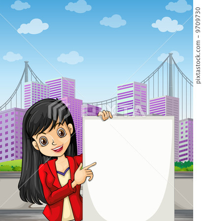 A beautiful girl with an empty signage standing at the pedestria 9709730