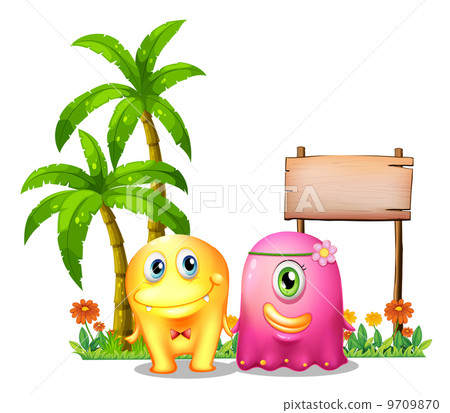 A yellow and a pink monster couple standing in front of the empt A yellow and a pink monster couple standing in front of the empt 9709870