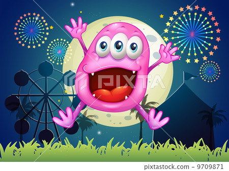 An amusement park with a very happy beanie monster 9709871