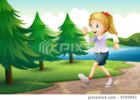 a girl jogging near the pine trees at the riverbank