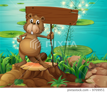 A beaver above the stump holding an empty signboard 9709951