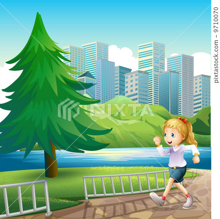 A girl running at the riverbank with a tall pine tree A girl running at the riverbank with a tall pine tree 9710070