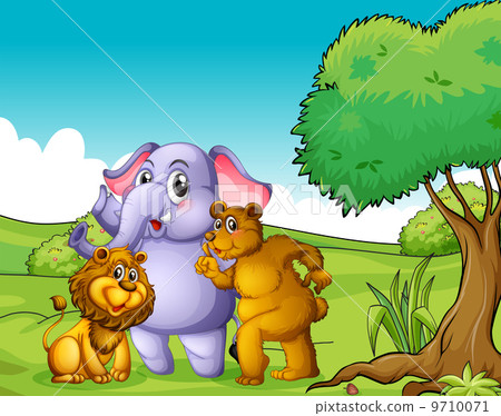 An elephant, a lion and a bear near the tree An elephant, a lion and a bear near the tree 9710071