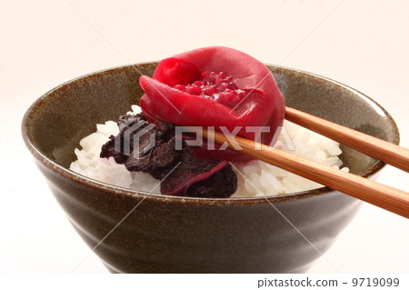 Umeboshi plum soap red mee rice rice rice chopsticks up white background Umeboshi plum soap red mee rice rice rice chopsticks up white background 9719099