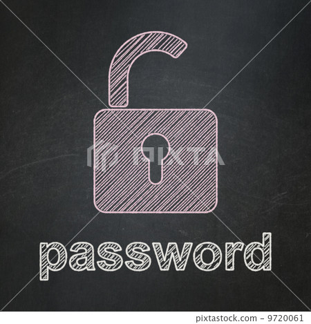 Protection concept: Opened Padlock and Password on chalkboard background 9720061