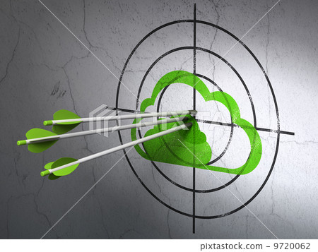 Computing concept: arrows in Cloud target on wall background 9720062