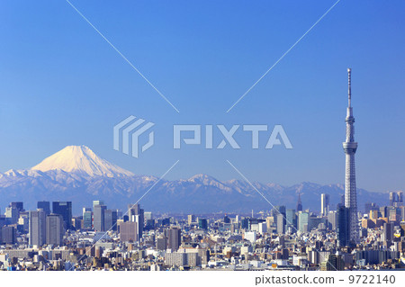 Fair sky blue sky, beautiful Mt. Fuji, crowned with snow, Tokyo Sky Tree and city center. 9722140