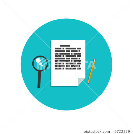 Flat magnifying glass with page and pencil 9722329