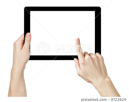 adult man hands using generic tablet pc with white screen adult man hands using generic tablet pc with white screen 9722624