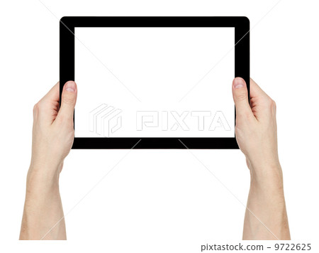 adult man hands holding generic tablet pc with white screen adult man hands holding generic tablet pc with white screen 9722625