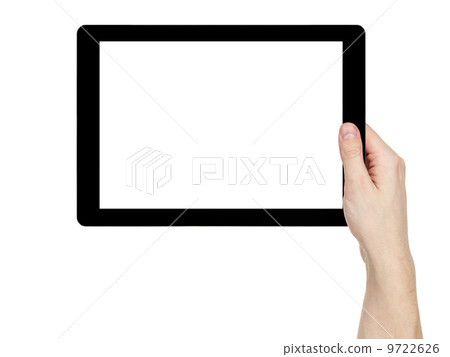 adult man hand holding generic tablet pc with white screen adult man hand holding generic tablet pc with white screen 9722626