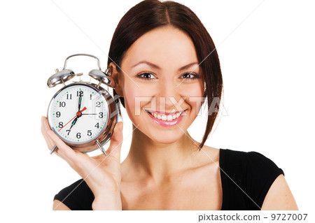 Cheerful woman with alarm clock 9727007