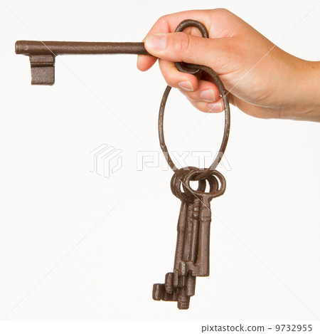 Old rusty bunch of keys in hand 9732955